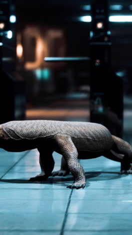 komodo dragon walking through a dark hall