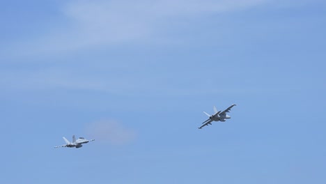 two-ship formation flight of f18 fighter jets at airshow track