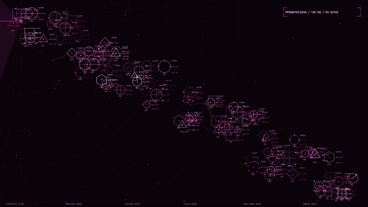A complex futuristic tactical HUD interface in a vibrant magenta and pink palette. The display features a perimeter scan with numerous tracking icons, identification numbers, and geometric reticles mo