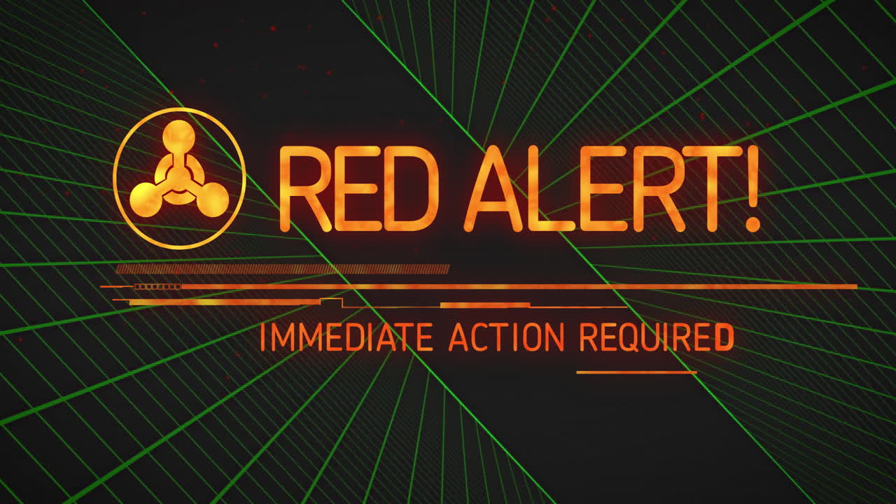 Animation of red alert message flashing over green geometric lines for urgent action