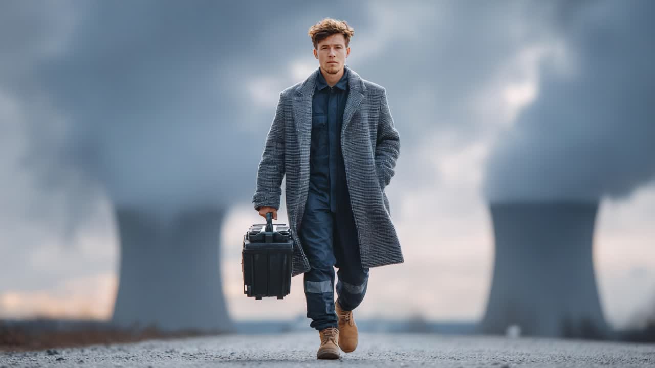 A Determined Individual Walking Towards Oblivion: Emphasizing Resilience Amidst an Industrial Landscape with Cooling Towers in the Background