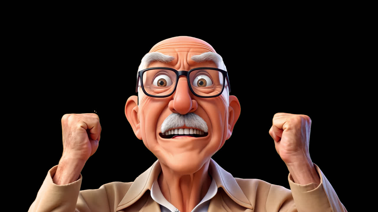 Excited elderly man cartoon animation isolated asset, transparent 4K video, alpha channel, ProRes