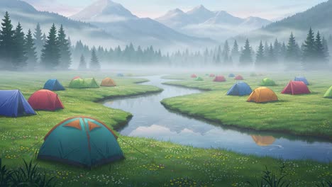 serene camping scene with colorful tents set against majestic mountains and misty river at dawn, inviting nature lovers to explore the great outdoors
