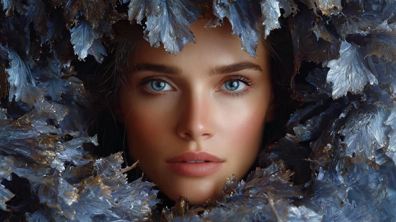 Captivating Portrait of a Young Woman Framed by Iridescent Leaves, Showcasing Striking Blue Eyes and a Serene Expression in a Nature-Inspired Conceptual Art Scene