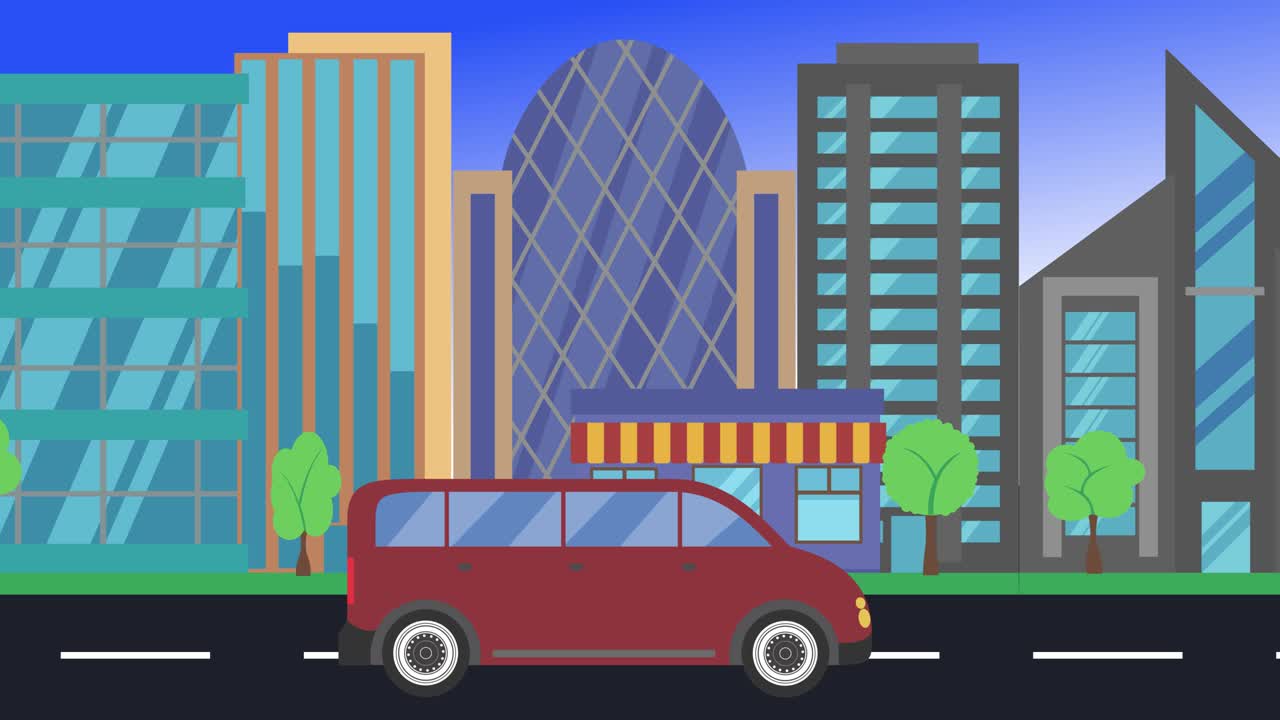 viajes en coche por la ciudad vista lateral, animación en bucle, fondo de diseño plano