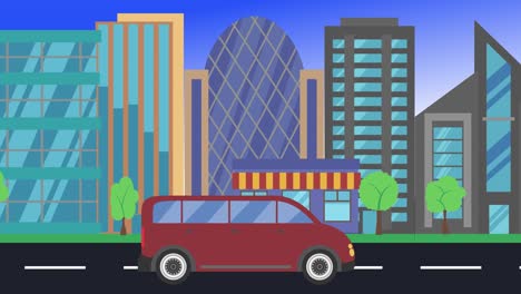 car driving rides around city side view, loop animation, flat design background