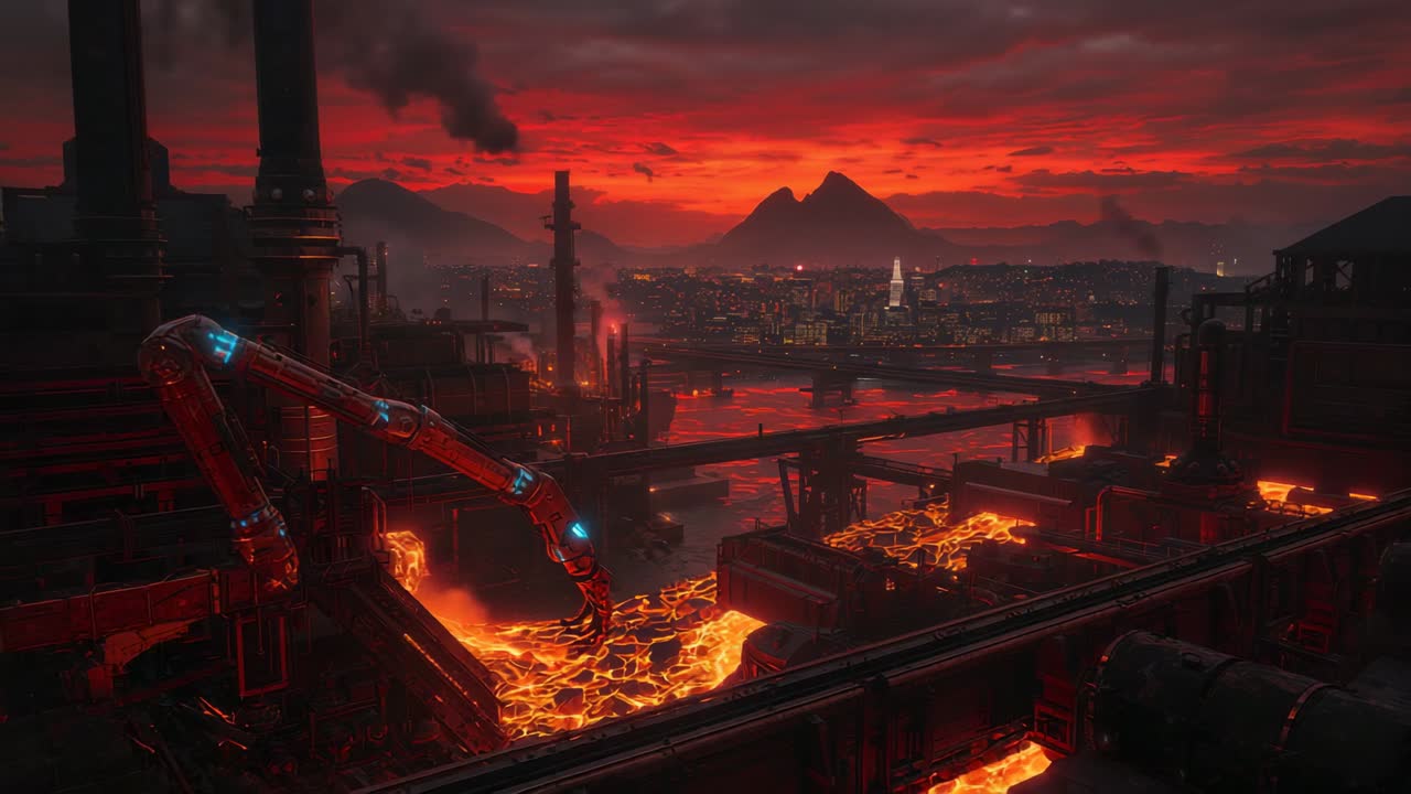 Glowing molten metal pulsing at dusk in smelting plant, with hovering robotic manipulator arm