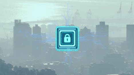 Animation-of-security-padlock-icon-with-microprocessor-connections-against-aerial-view-of-cityscape