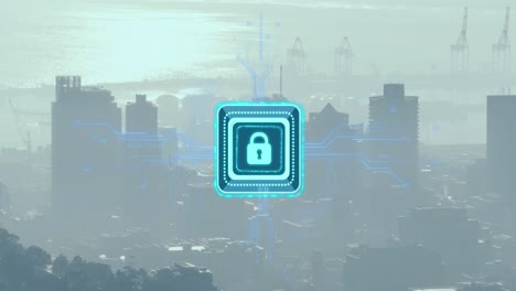 animation of security padlock icon with microprocessor connections against aerial view of cityscape