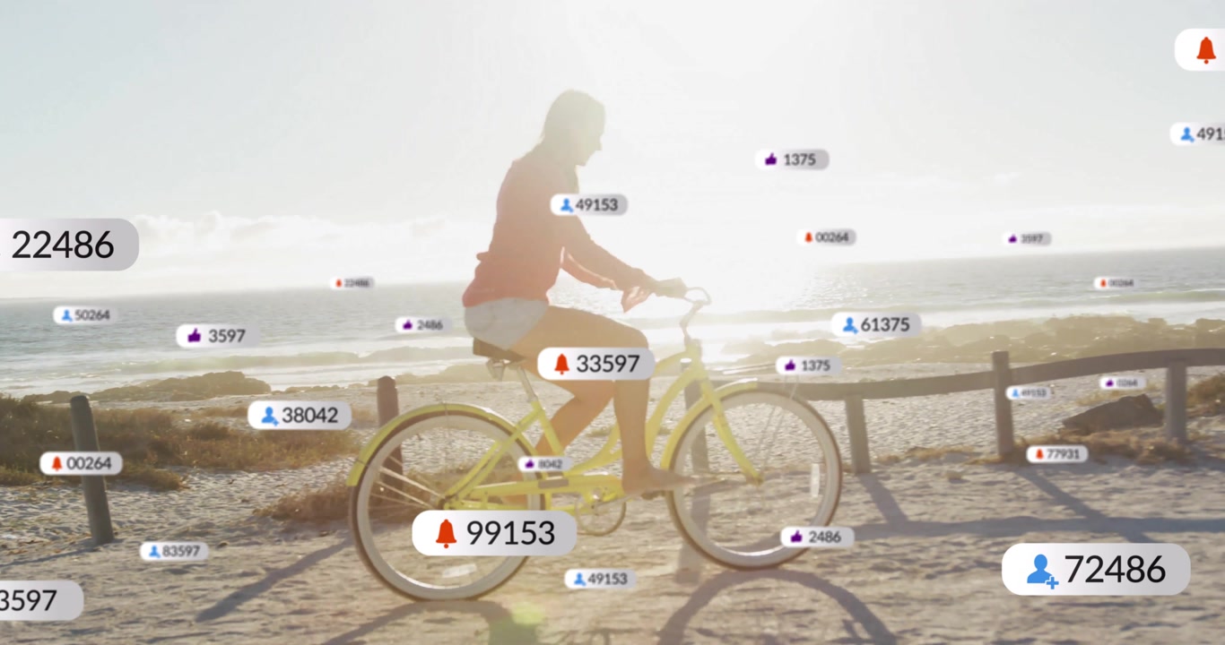 Female cyclist riding coastal trail, with animated social media icons floating, marketing campaign