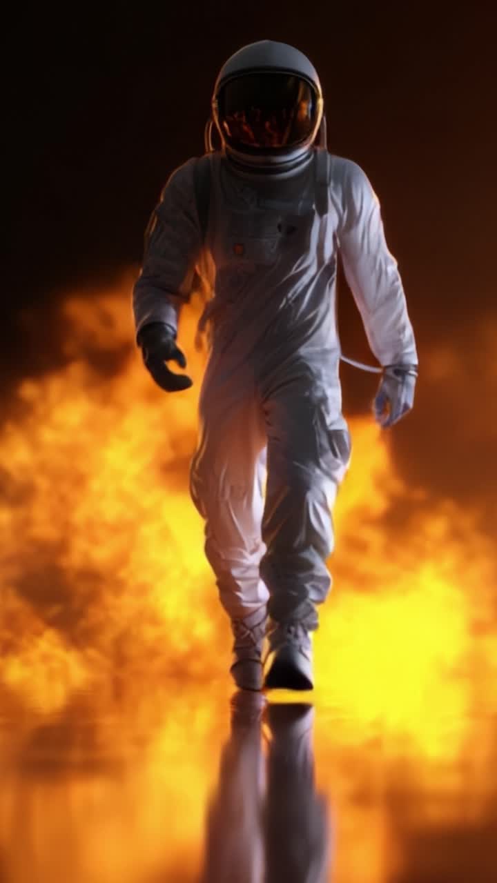 Un astronauta emerge da un inferno, mostrando coraggio ed esplorazione contro uno sfondo di fiamme, simboleggiando la resilienza umana e la ricerca dell'ignoto.