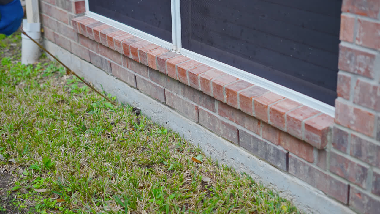 Trattamento con pesticidi applicato all'esterno alla base di un muro di mattoni usando un tubo di trattamento per prevenire l'infestazione di insetti