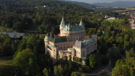 rotating drone shot of the castle of spirits or bojnice castle in slovakia