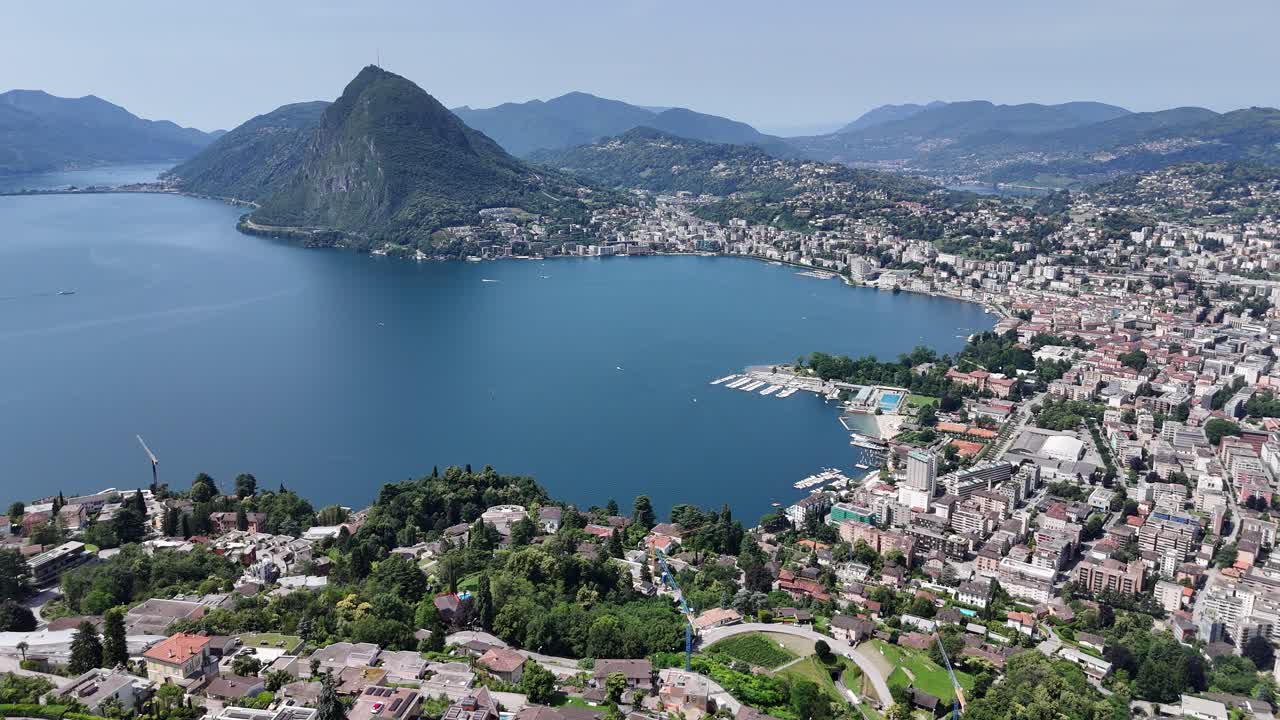 Push in drone,aerial Lugano City Switzerland