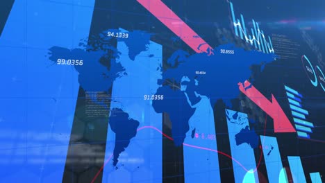Animación-De-Línea-Con-Procesamiento-De-Datos-Financieros-Con-Flecha-Roja-Descendiendo-Sobre-El-Mapa-Mundial