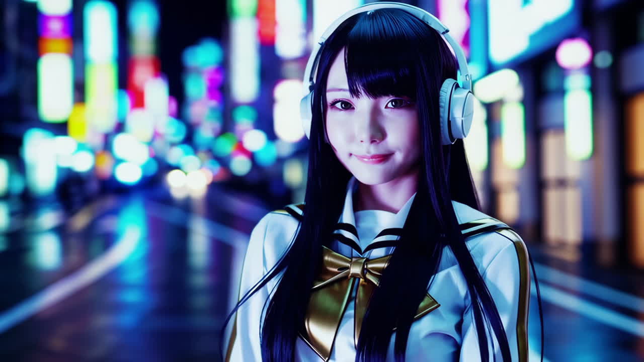 Anime Girl in Headphones at Night