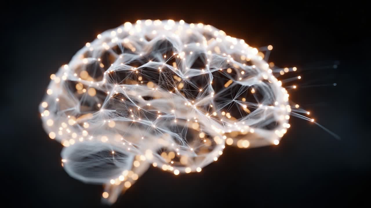 Una straordinaria visualizzazione del cervello umano che rappresenta le connessioni neurali, l'intelligenza e i processi cognitivi in un formato dinamico e astratto