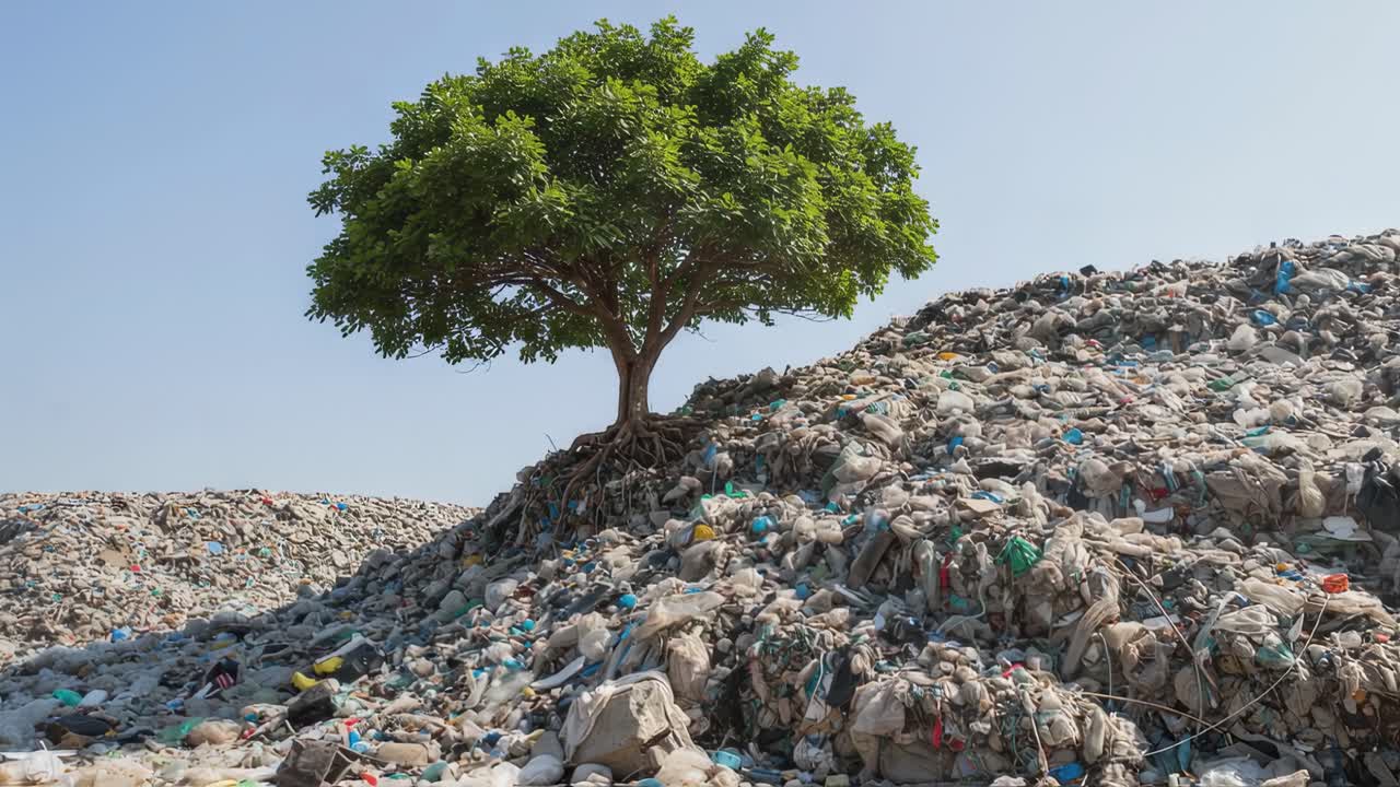Witness the striking contrast of a solitary tree standing atop a massive pile of garbage in an environmentally degraded area.