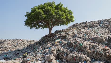 witness the striking contrast of a solitary tree standing atop a massive pile of garbage in an environmentally degraded area.