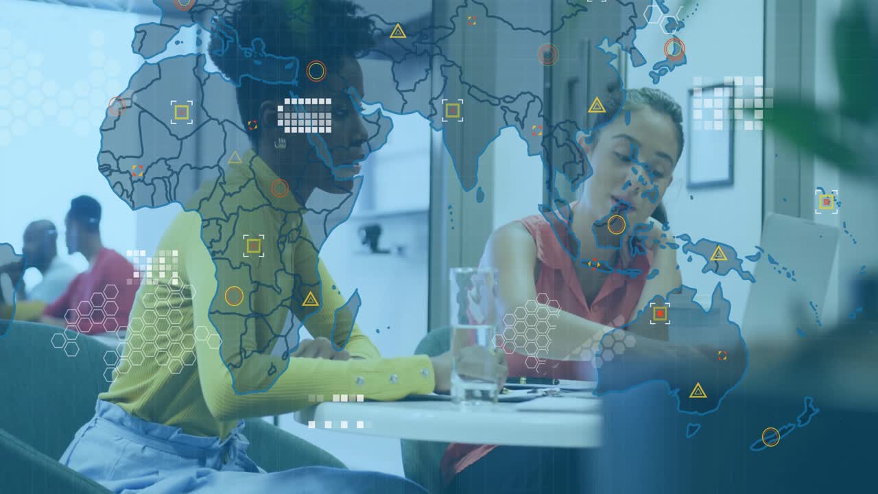 Two women reviewing charts starting map overlay with icons connecting data for business planning