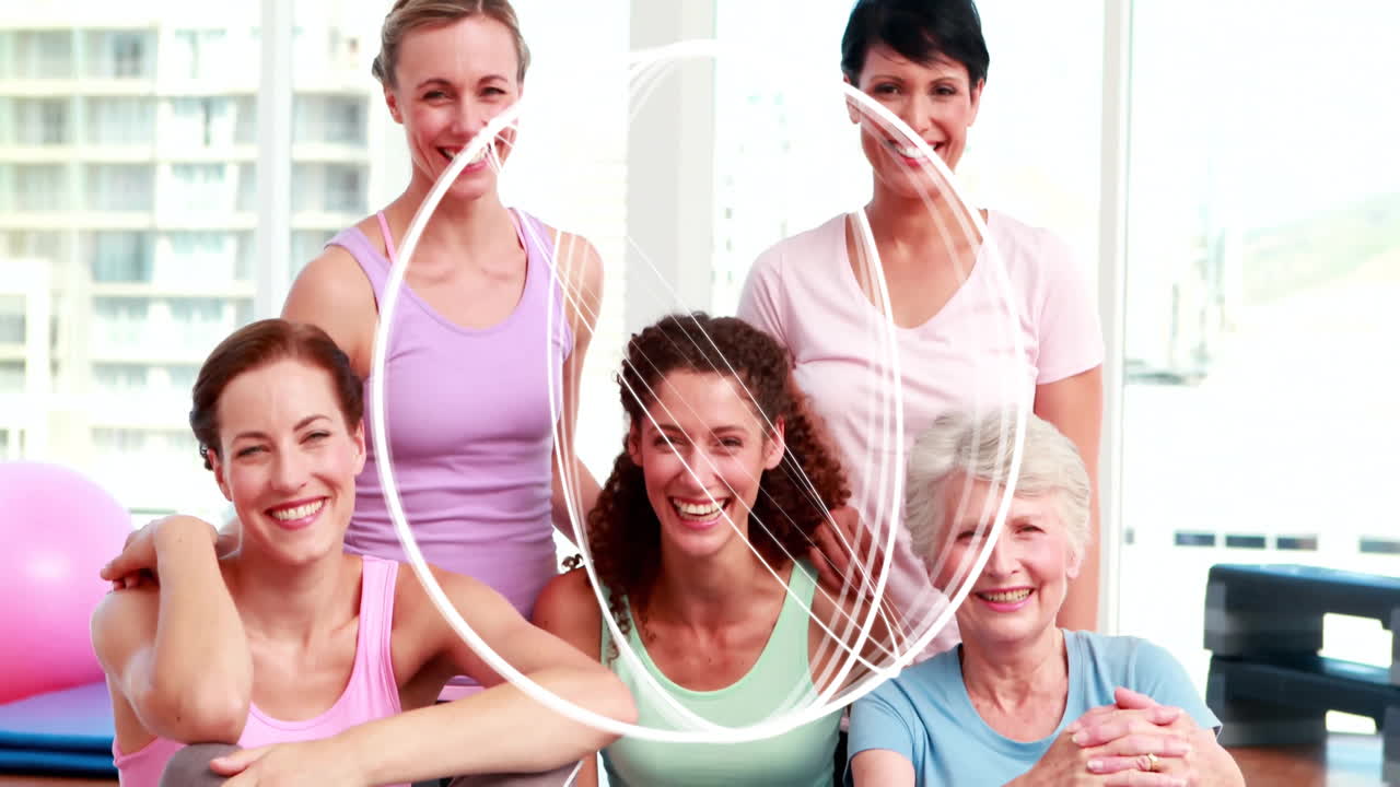 Smiling women in fitness attire with abstract white lines animation over them