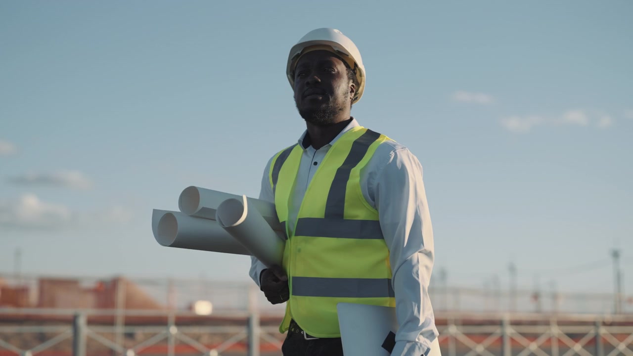 Male Construction Engineer Holding Blueprints at Building Site