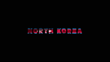 north korea country wiggle text animation lettering with her waving flag blend in as a texture - black screen background loopable video