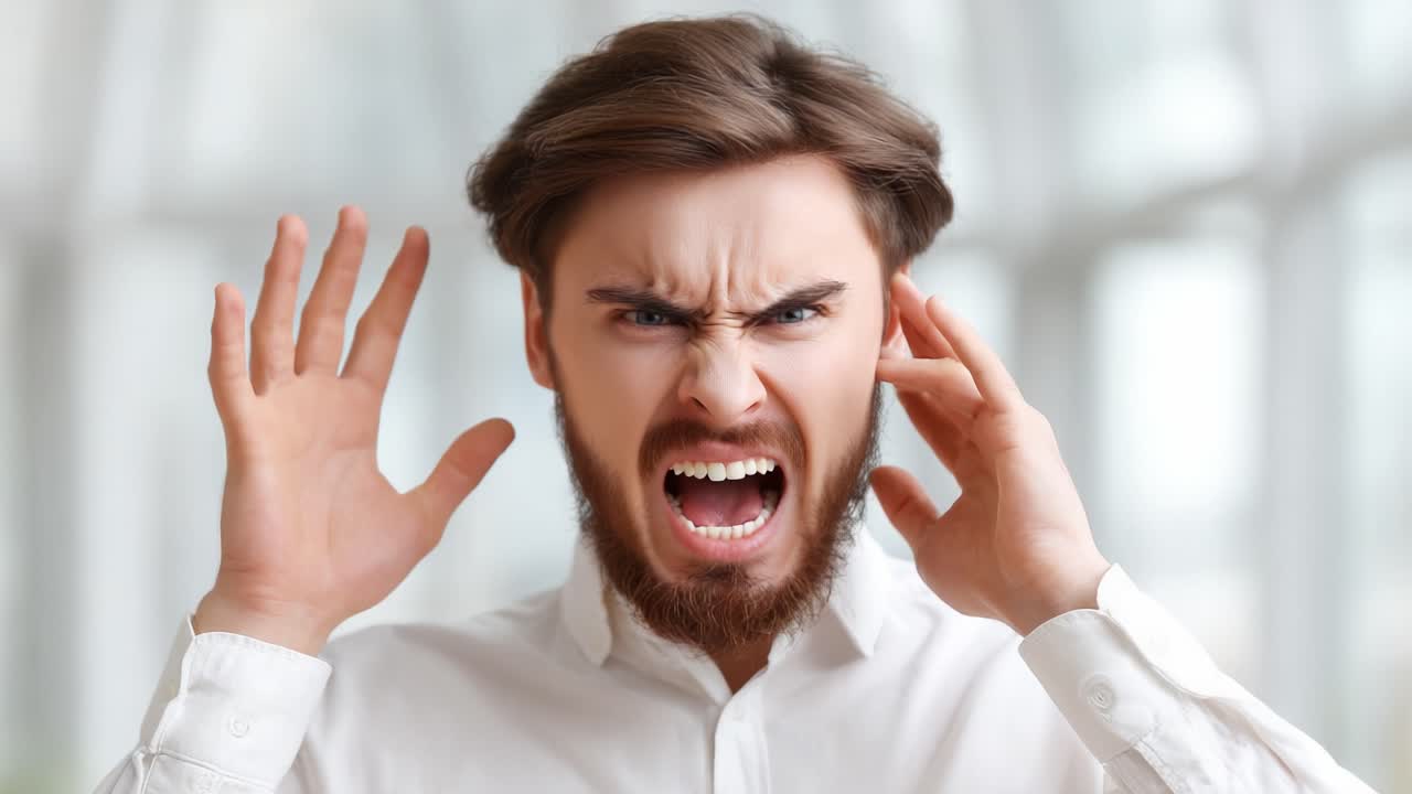 Frustration and Anger: A Man Expresses Intense Emotions by Covering His Ears Amidst Overwhelming Situations in Two Distinct Frames Capturing His Extreme Reaction