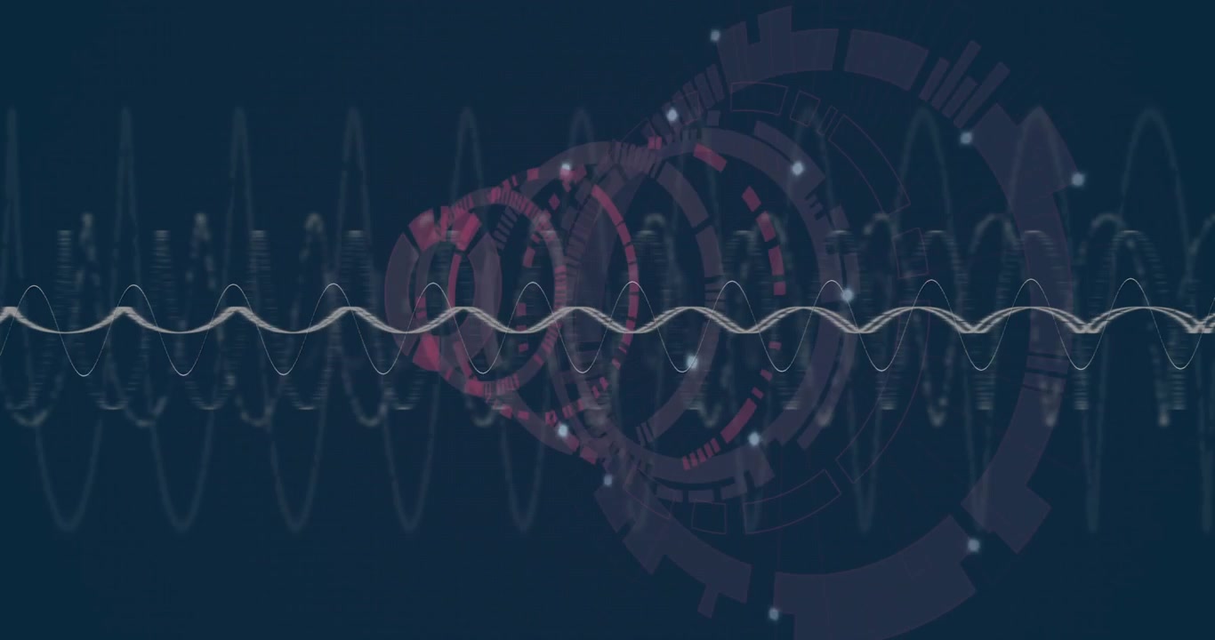 Futuristic Digital Interface with Wavy Sound Waves and Rotating HUD Elements