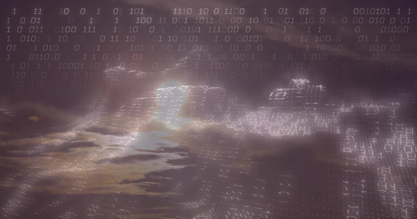 Drifting binary digits coalescing into orb cluster forming wave cresting right, visualizing data