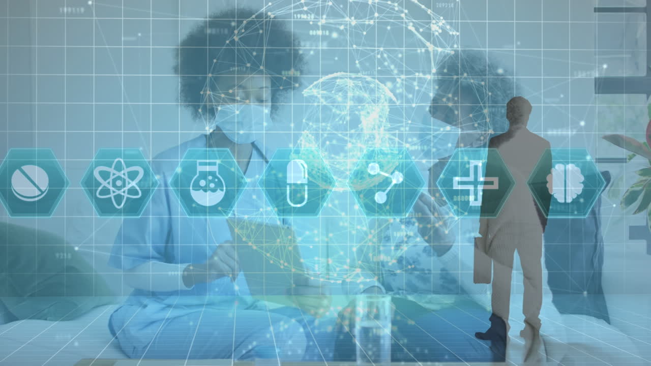 아프리카계 미국인 의사와 환자 위에 연결, 지구와 의학 아이콘의 애니메이션