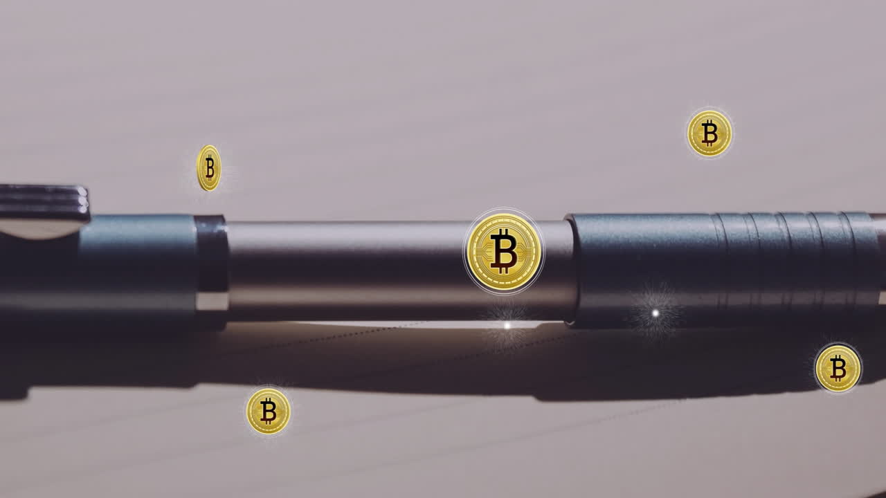 Floating Bitcoin symbols with pen on desk, representing cryptocurrency animation concept