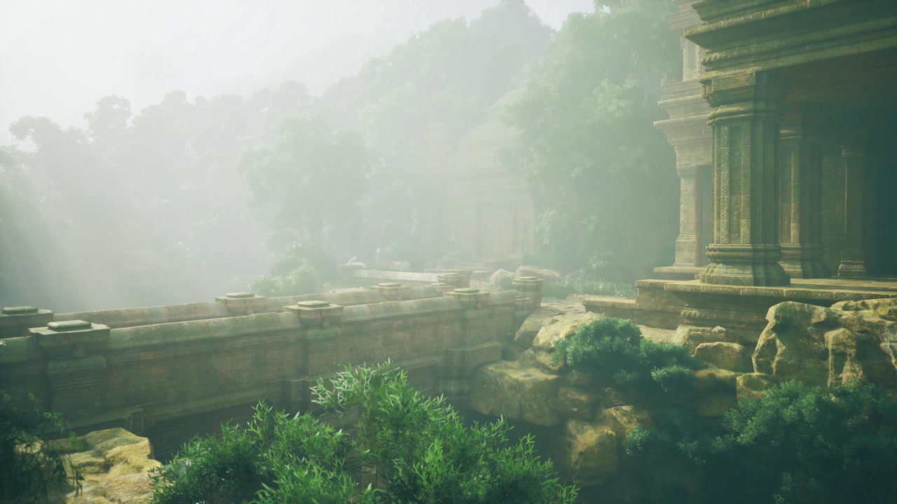 Mystical historic sanctuary surrounded by lush green canopies and mists