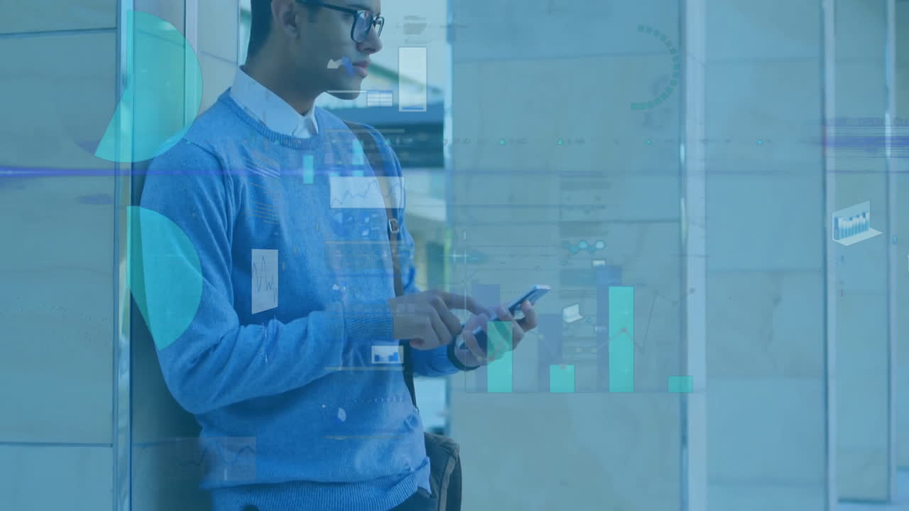 Animation of financial data processing over biracial businessman using smartphone