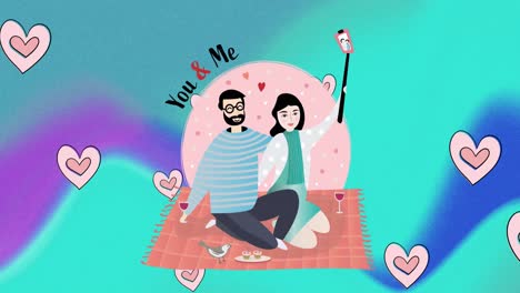 Animation-of-illustration-of-happy-couple-on-picnic-blanket-taking-selfie,-with-pink-hearts