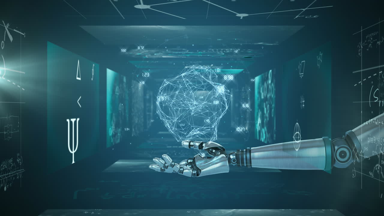 수학 방정식이 있는 화면에 대한 로 ⁇  손을 통해 연결 네트워크의 지구