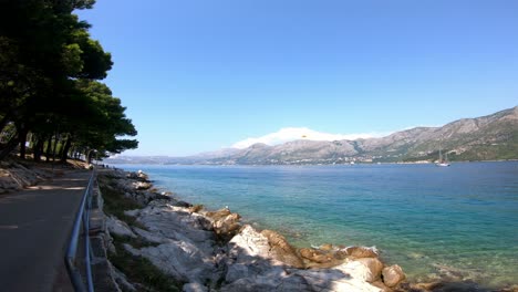 camino sombreado bajo pinos y cerca de la costa rocosa y el mar turquesa con una cordillera distante