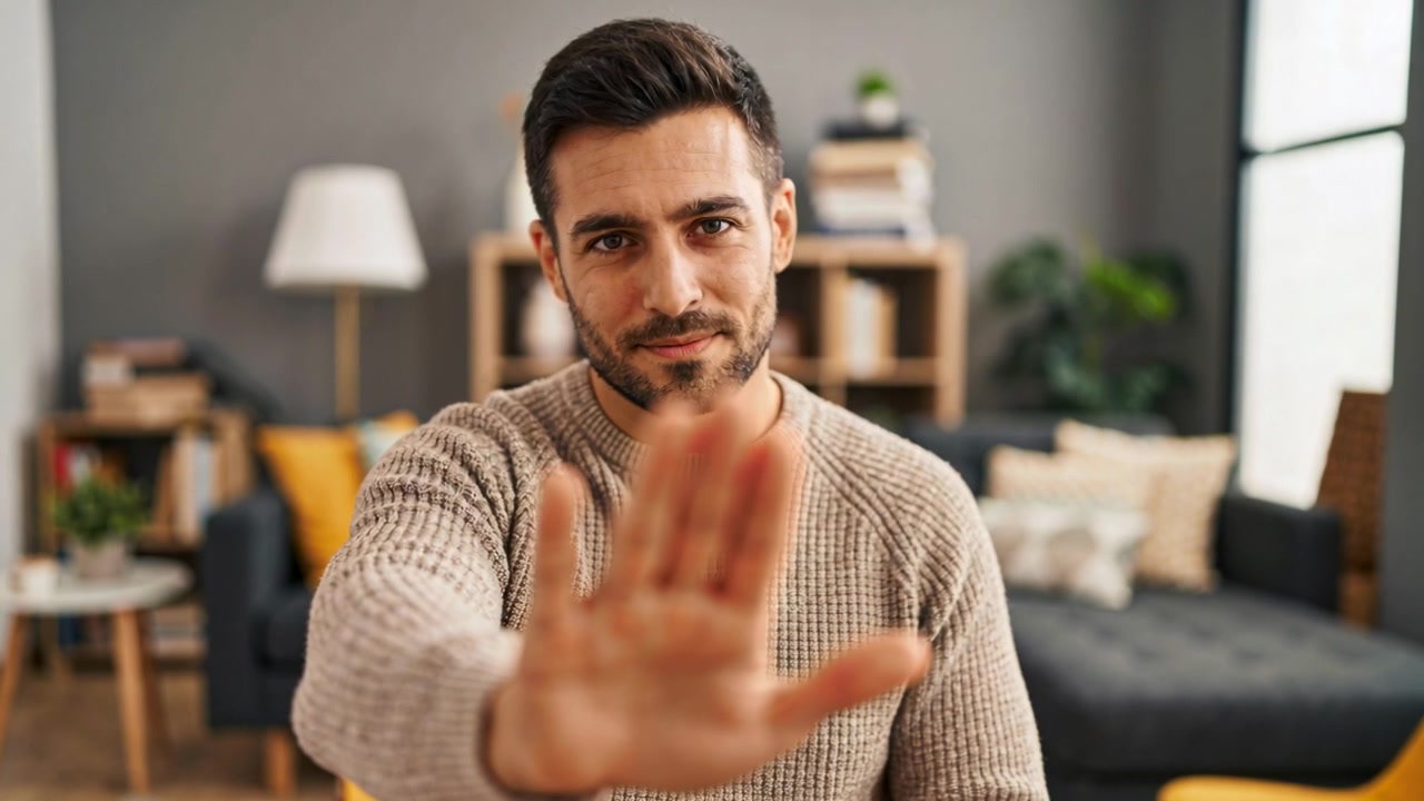 Noticing camera, man wearing beige knit raising hand toward lens on couch in living-room, recording