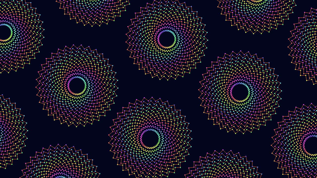 Neon flowers seamless pattern with dots and lines on black gradient