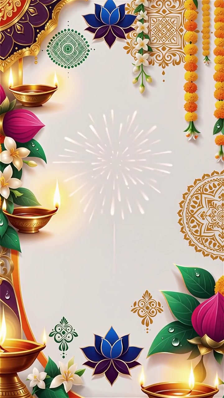 Sfondo Diwali con Diyas luminosi, Rangoli e fiori di loto