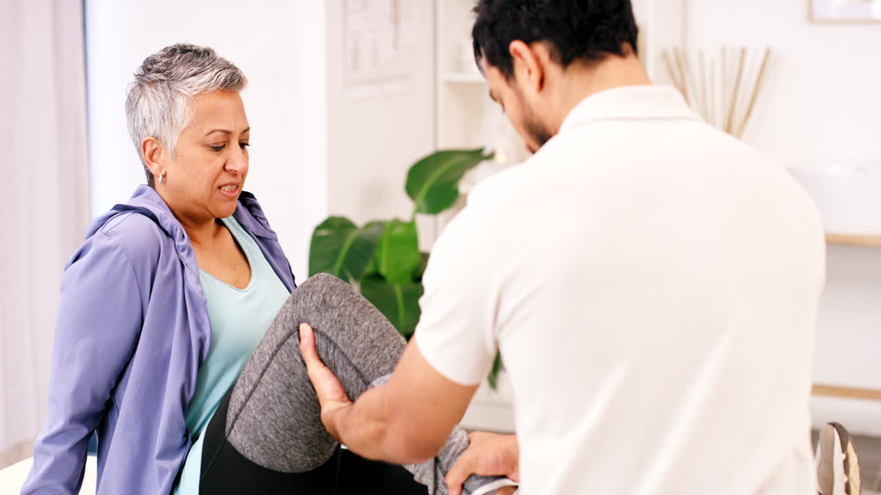 dolor en las piernas, fisioterapia y mujer madura