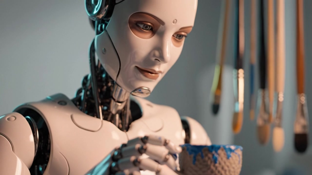 Un artista robotico che crea abilmente un capolavoro, mettendo in mostra la tecnologia avanzata nell'arte e nella creatività attraverso pennellate intricate e un design curato