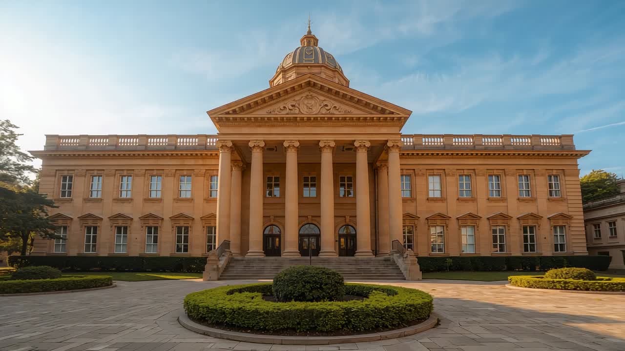 Zooming camera moving closer to neoclassical dome and columns in courtyard, emphasizing pediment