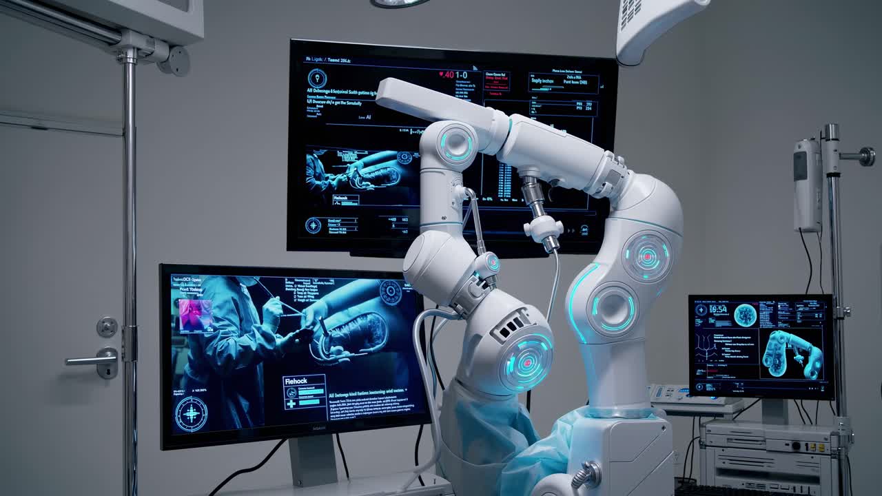High-angle shot of a futuristic robotic arm in a medical setting, with screens displaying data
