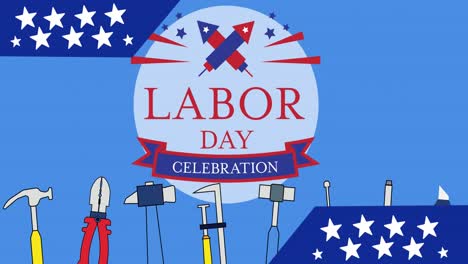 animation of labor day celebration text and tools icons over blue background