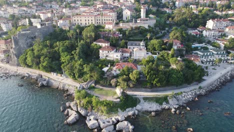 aerial view of breathtaking beauty coastal town herceg novi in montenegro, establishing