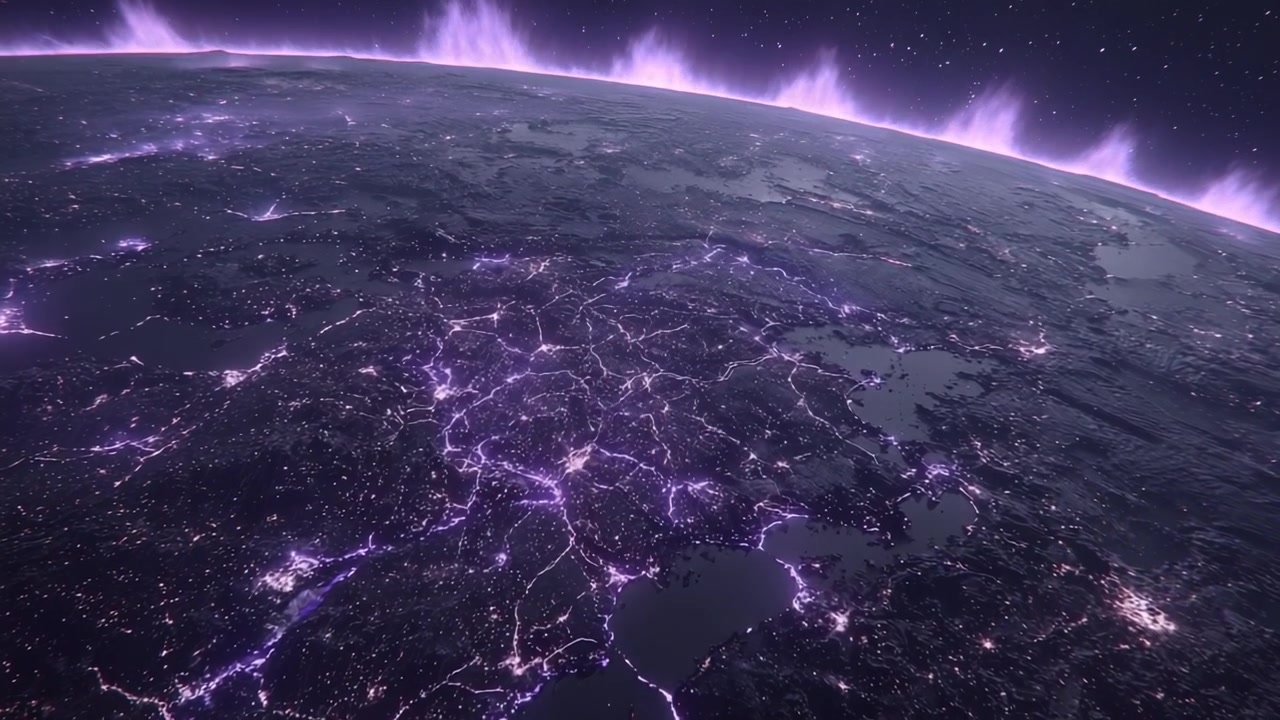 A Stunning View of Earth's Surface at Night, Illuminated by Urban Lights, Featuring a Beautiful Purple Aurora Borealis Lighting Up the Horizon Above