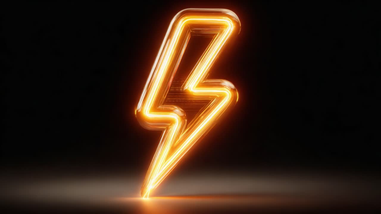 Brightly Lit Electric Bolt Icon: A Dynamic Representation of Energy and Power in a Striking Neon Design Against a Dark Background