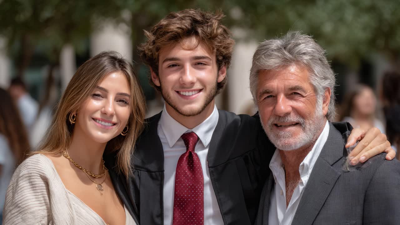 Celebração de Conquista: Um Formando Sorridente Posa com a Família em um Cenário Exterior Alegre, Marcando um Marco Memorável em Suas Vidas Juntas