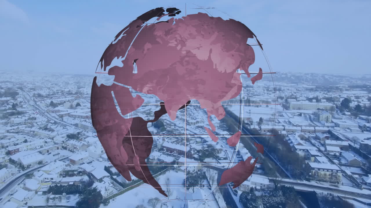 Stylized digital globe floating over flat design snowy town, with purple grid lines and continents